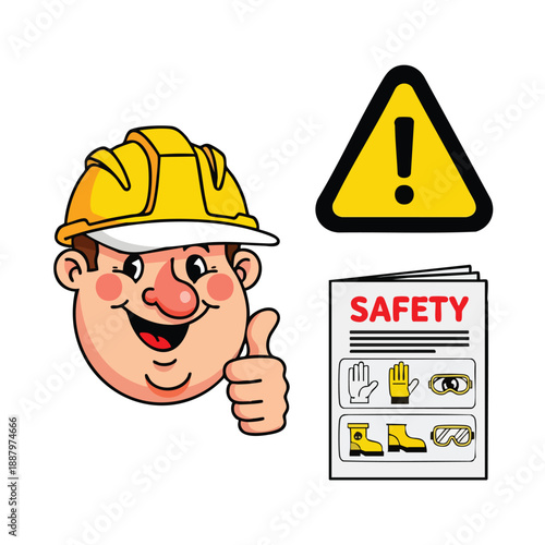 Construction worker promoting essential safety awareness with industrial PPE guidelines and a warning symbol