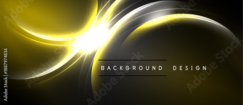 Abstract yellow, silver light curves. Bright central glow. Dark background creates dynamic visual effect. Modern design element.