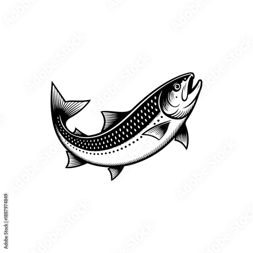 A dynamic black and white vector illustration of a salmon jumping. The graphic features stylized scales, detailed fins, and a curved body, isolated on a white background.