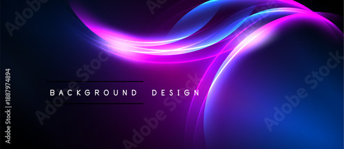 Abstract flowing shapes, vibrant colors. Dark background highlights luminous curves, creating dynamic visual effect. Text reads background design.
