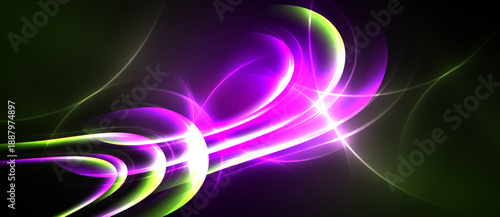 Abstract energy flows, vibrant purple, green hues. Dynamic light streaks create futuristic visual impact. Dark background emphasizes luminosity.