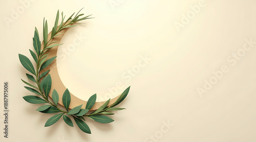 AI Generated Elegant Eid al-Fitr Greeting Card with Crescent Moon and Botanical Leaves