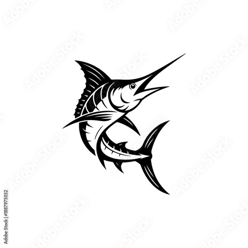 A dynamic black and white vector illustration of a marlin leaping from the water. Features a sharp bill, prominent dorsal fin, and stylized scales in a high-contrast style.