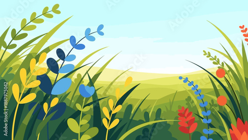 Colorful Wildflowers and Grass in Illustration.