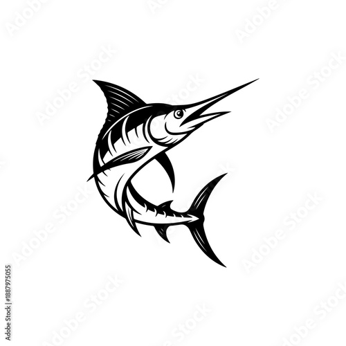 A dynamic black and white vector illustration of a marlin leaping from the water. Features a sharp bill, prominent dorsal fin, and stylized scales in a high-contrast style.