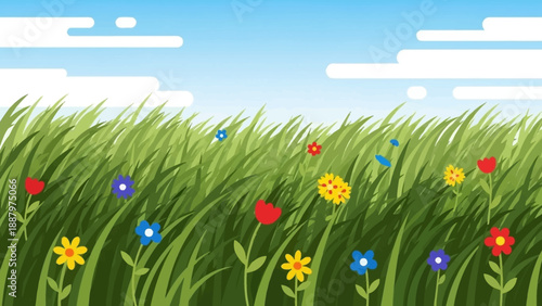 Colorful Wildflowers in Green Grassy Field.