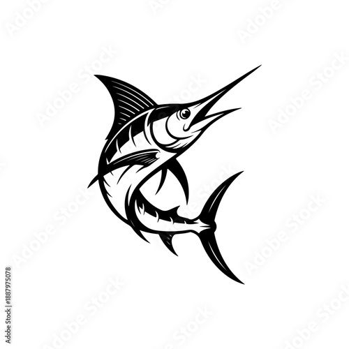 A dynamic black and white vector illustration of a marlin leaping from the water. Features a sharp bill, prominent dorsal fin, and stylized scales in a high-contrast style.