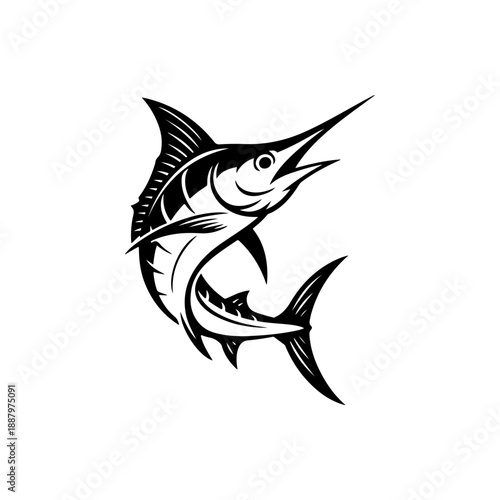 A dynamic black and white vector illustration of a marlin leaping from the water. Features a sharp bill, prominent dorsal fin, and stylized scales in a high-contrast style.
