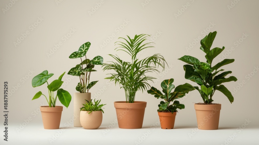 Fototapeta premium Lush Indoor Plants in Terracotta Pots on Minimalist Background