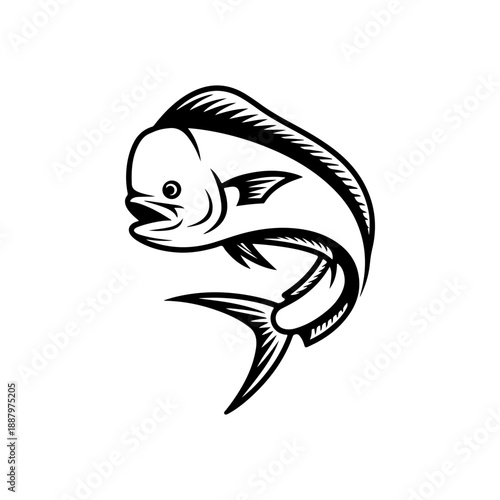 A dynamic black and white vector illustration of a Mahi-mahi fish jumping. Features its distinct flat head and long dorsal fin in a high-contrast minimalist style.