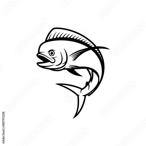 A dynamic black and white vector illustration of a Mahi-mahi fish jumping. Features its distinct flat head and long dorsal fin in a high-contrast minimalist style.