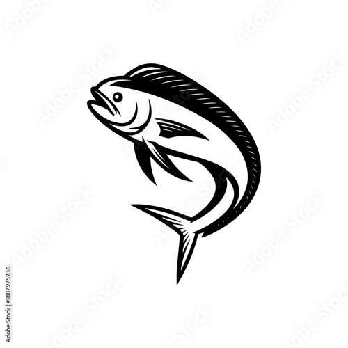 A dynamic black and white vector illustration of a Mahi-mahi fish jumping. Features its distinct flat head and long dorsal fin in a high-contrast minimalist style.