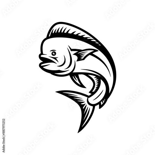 A dynamic black and white vector illustration of a Mahi-mahi fish jumping. Features its distinct flat head and long dorsal fin in a high-contrast minimalist style.