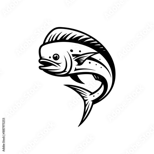 A dynamic black and white vector illustration of a Mahi-mahi fish jumping. Features its distinct flat head and long dorsal fin in a high-contrast minimalist style.