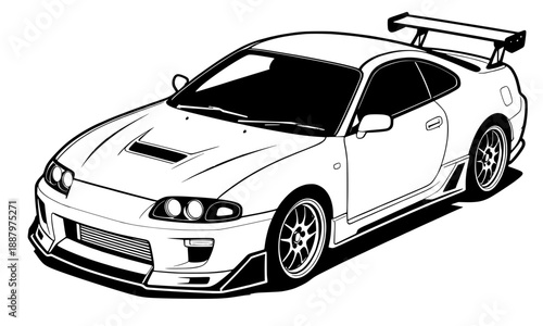vector line art illustration of a 90s-style Japanese performance sport car