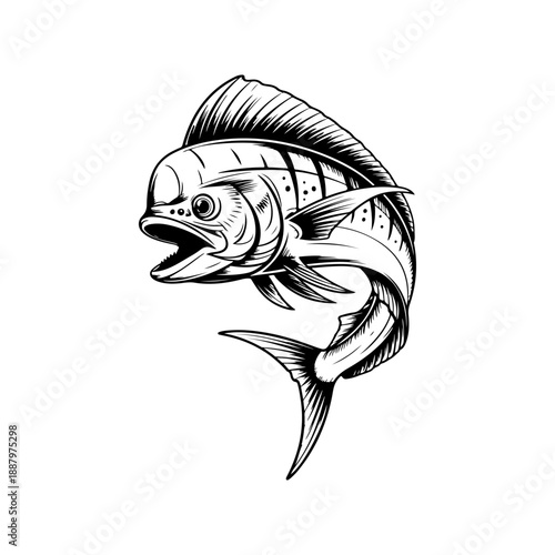 A dynamic black and white vector illustration of a Mahi-mahi fish jumping. Features its distinct flat head and long dorsal fin in a high-contrast minimalist style.