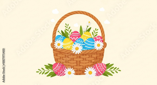 Colorful easter eggs in a wicker basket with flowers on a beige background