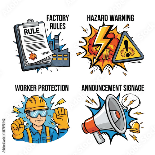Collection of industrial workplace safety and communication icons for regulation and warning graphics production
