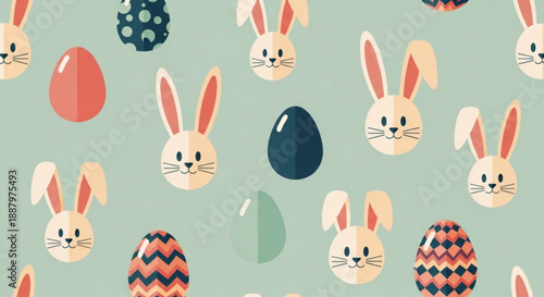 Easter bunny heads and decorated eggs on pastel green background
