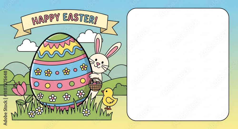 Fototapeta premium Easter bunny with chick and colorful egg in spring field