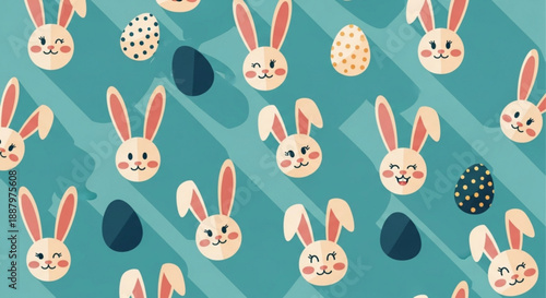 Easter bunny faces and eggs on teal background with diagonal stripes pattern