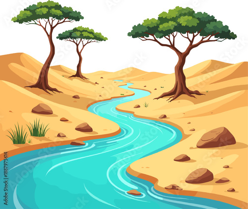 Stylized desert river and oasis scene with flowing water, sand dunes and trees. Colorful cartoon illustration for games, apps, backgrounds and storytelling.