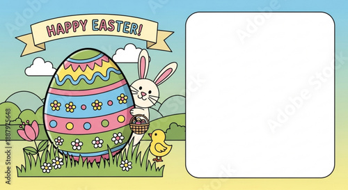 Easter bunny with chick and colorful egg in spring field