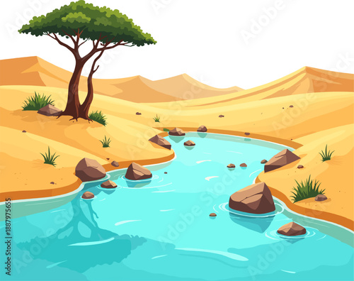 Stylized desert river and oasis scene with flowing water, sand dunes and trees. Colorful cartoon illustration for games, apps, backgrounds and storytelling.