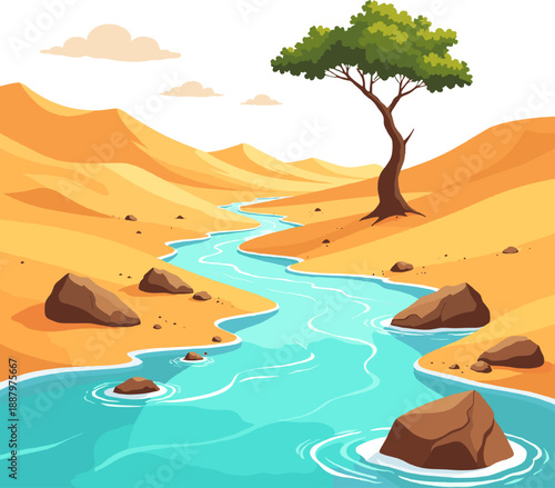Stylized desert river and oasis scene with flowing water, sand dunes and trees. Colorful cartoon illustration for games, apps, backgrounds and storytelling.