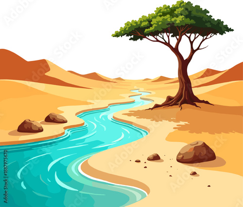 Stylized desert river and oasis scene with flowing water, sand dunes and trees. Colorful cartoon illustration for games, apps, backgrounds and storytelling.