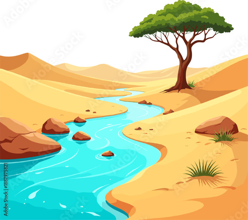 Stylized desert river and oasis scene with flowing water, sand dunes and trees. Colorful cartoon illustration for games, apps, backgrounds and storytelling.