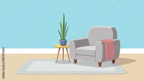 Gray Armchair with Pink Blanket and Potted Plant.
