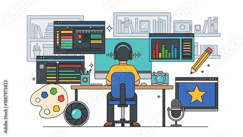 Graphic Designer Working on Computer with Multiple Monitors.