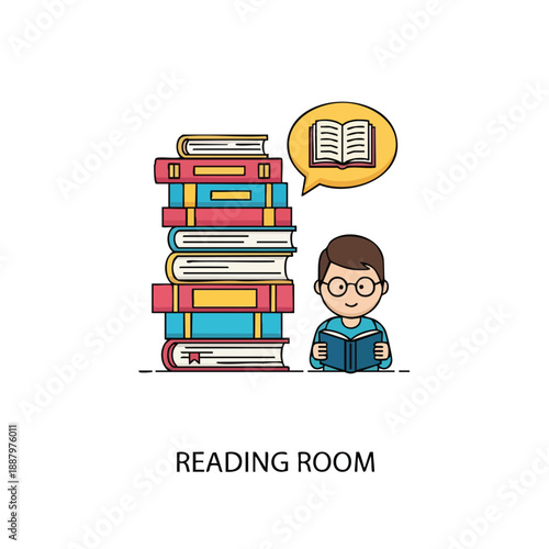 Cute illustration of a boy with glasses absorbed in a book beside a tall stack of colorful literature on a clean white background for educational