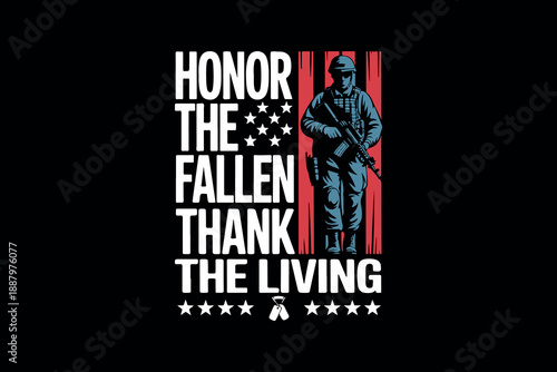 Silhouette of a soldier kneeling and saluting in front of a waving american flag with text honor the fallen SVG Cutting T shirt Design