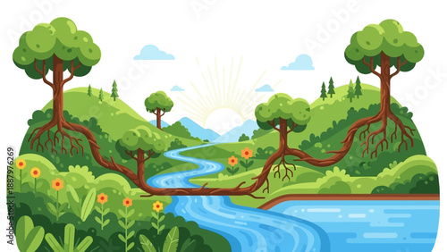 Serene River Landscape with Trees and Flowers.