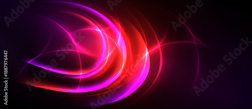 Abstract vibrant lines, curves, glowing shapes. Dark background emphasizes bright pinks, purples, reds. Dynamic energy radiates from center.