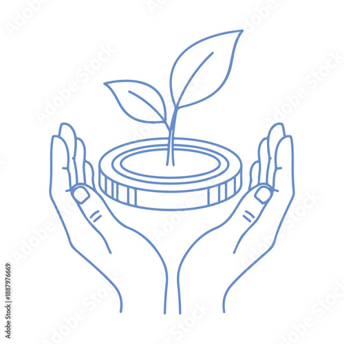 An isolated vector illustration of a hand holding a green plant symbol to represent nature, ecology, and the concept of environmental care and growth for an eco logo