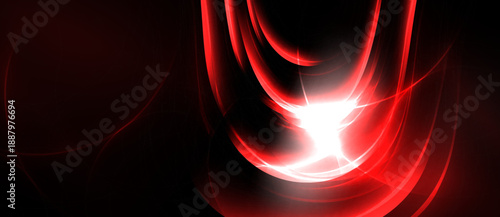 Abstract red energy flows, bright light center. Dynamic curves create modern visual impact. Dark background emphasizes glowing elements.