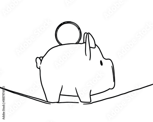 Minimalist line drawing of a piggy bank on a tightrope. A large coin is slotted in the top. The illustration conveys balance and financial caution.