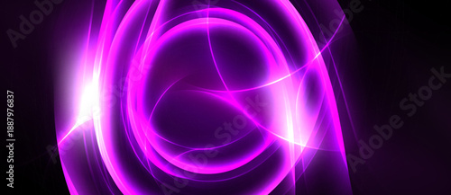 Bright pink abstract swirls radiate energy. Light streaks create dynamic visual effect, dark background emphasizes luminosity.