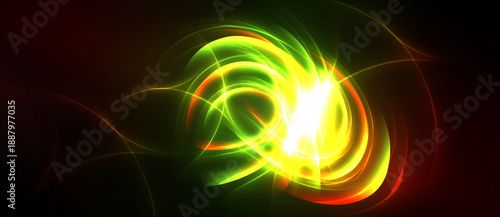 Bright swirling light patterns dominate dark background. Vivid green, yellow, red hues create dynamic energy flow. Abstract design.