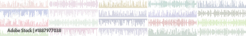 Collection of diverse pastel colored sound wave patterns, isolated on white background.
