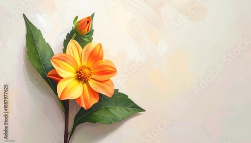 A vibrant, close-up painting of a blooming orange and yellow flower with green leaves, set against a soft, blended background