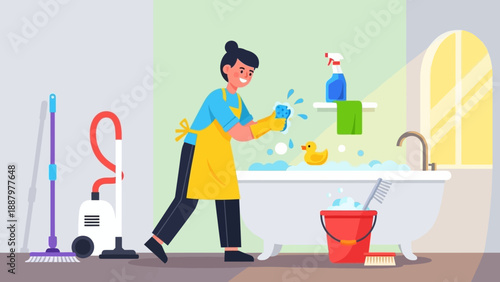 Woman Cleaning Bathroom with Various Tools.