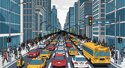 A Busy City Street With Traffic and Pedestrians - Vector Illustration of Urban Life and Commuting