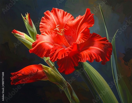 A vibrant, close-up oil painting of a vivid red gladiolus in full bloom, with buds and long green leaves against a dark backdrop