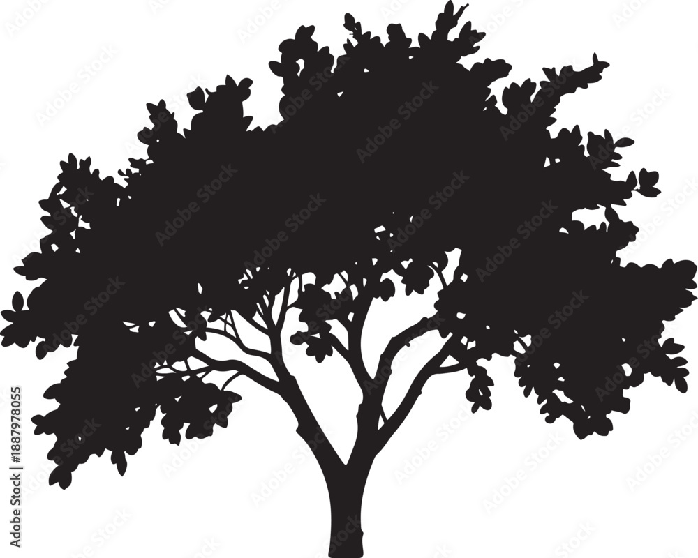 Obraz premium Black leafy tree silhouette with detailed branches and thick foliage representing nature growth and environmental conservation isolated on white background for garden landscaping and outdoor branding