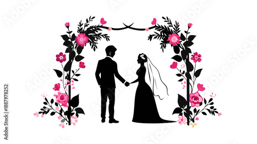 Romantic silhouette of a bride and groom standing under a floral arch, wedding photography and celebration concept.