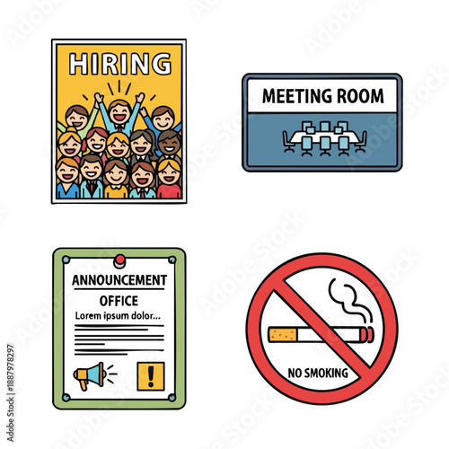 Office environment icons depicting hiring meeting room announcement and no smoking signs for business purposes